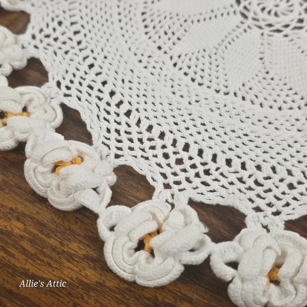 Floral Doily Round Flower White Yellow Lace Crochet Cottage Granny Decor 11.5
